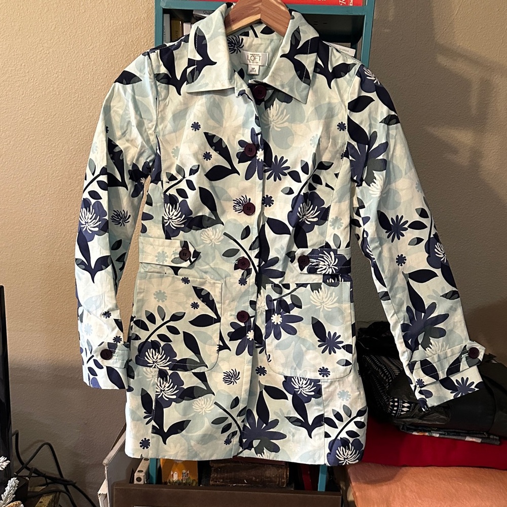 LOFT Blue and White Floral Trench Coat